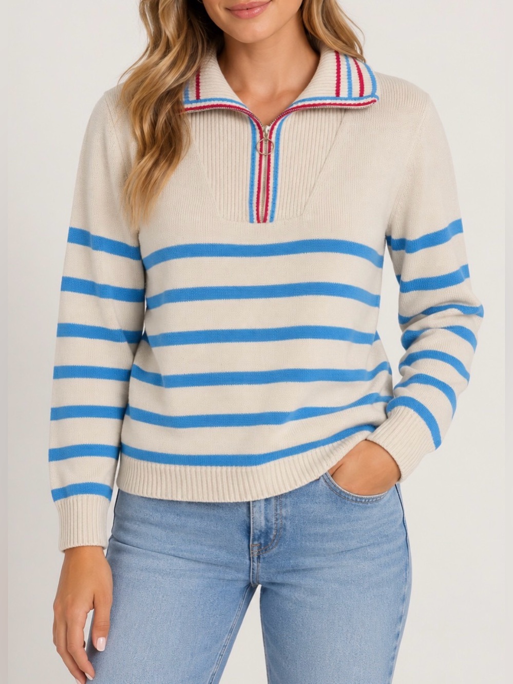 J.Crew Striped Quarter Zip Cotton Sweater Women’s Medium Cream Blue Pink